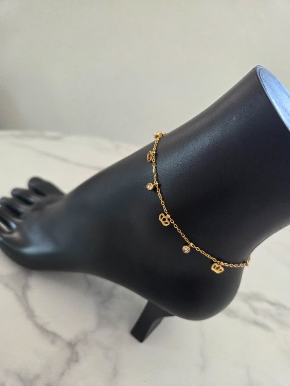 Gold Chain Anklet with Crown and Rhinestone Charms Delicate Beach Jewelry - Picture 4 of 13